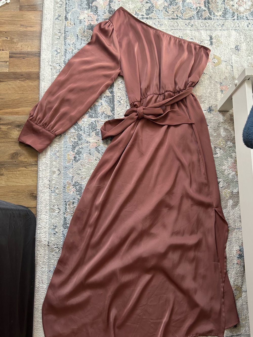 One-Shoulder Satin Maxi Dress with Waist Tie in Rust